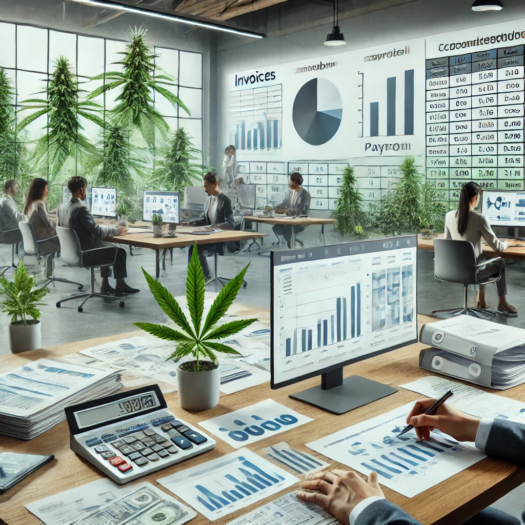 "Professionals working on financial documents in a modern cannabis business office, with charts and cannabis-specific accounting software displayed on screens, and healthy cannabis plants in the background, symbolizing growth and financial precision."

#CannabisBusiness #BookkeepingBestPractices #FinancialGrowth #CannabisCommunity #Compliance #Efficiency #InvestInSuccess #CannabisIndustry
