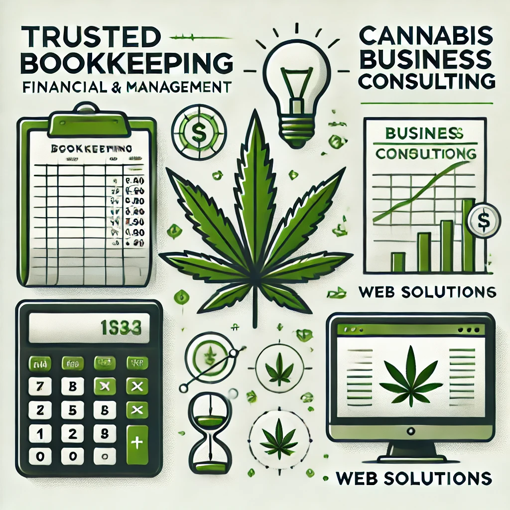 A modern design with a ledger and calculator symbolizing bookkeeping, a lightbulb and strategy chart representing business consulting, and a computer screen indicating web solutions. Cannabis leaves are subtly integrated into the background. The overall aesthetic uses clean green and neutral tones to maintain professionalism.